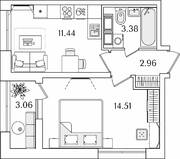 ЖК «БелАрт», планировка 1-комнатной квартиры, 33.82 м²
