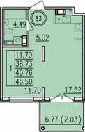 МЖК «Образцовый квартал 13», планировка 1-комнатной квартиры, 38.73 м²