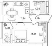 ЖК «БелАрт», планировка 1-комнатной квартиры, 34.49 м²
