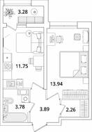 ЖК «БелАрт», планировка 1-комнатной квартиры, 37.26 м²