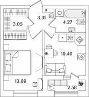 ЖК «БелАрт», планировка 1-комнатной квартиры, 36.01 м²