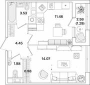 ЖК «Академик», планировка 1-комнатной квартиры, 37.66 м²