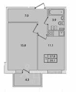 ЖК «Ветер перемен», планировка 1-комнатной квартиры, 39.10 м²