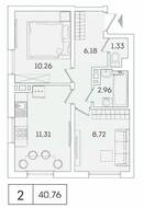 ЖК «Lampo», планировка 2-комнатной квартиры, 40.76 м²