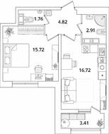 ЖК «БелАрт», планировка 1-комнатной квартиры, 43.64 м²