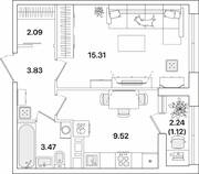 ЖК «Академик», планировка 1-комнатной квартиры, 35.34 м²