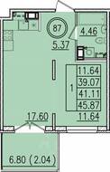 МЖК «Образцовый квартал 13», планировка 1-комнатной квартиры, 39.07 м²