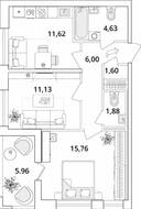 ЖК «Cube», планировка 2-комнатной квартиры, 55.60 м²