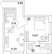 ЖК «Cube», планировка 1-комнатной квартиры, 39.09 м²