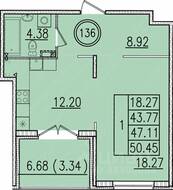 МЖК «Образцовый квартал 13», планировка 1-комнатной квартиры, 43.77 м²