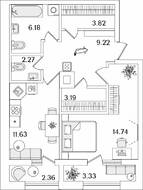 ЖК «БелАрт», планировка 1-комнатной квартиры, 53.90 м²
