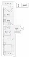 ЖК «Lampo», планировка 1-комнатной квартиры, 34.18 м²