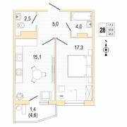 ЖК «Lotos Club», планировка 1-комнатной квартиры, 44.90 м²