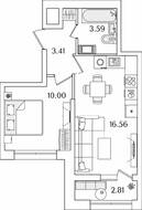 ЖК «БелАрт», планировка 1-комнатной квартиры, 34.97 м²