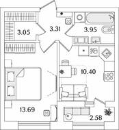 ЖК «БелАрт», планировка 1-комнатной квартиры, 35.69 м²