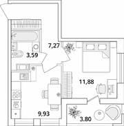 ЖК «Cube», планировка 1-комнатной квартиры, 34.57 м²