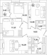 ЖК «БелАрт», планировка 3-комнатной квартиры, 68.88 м²