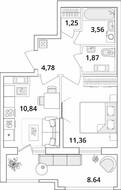 ЖК «Cube», планировка 1-комнатной квартиры, 37.98 м²