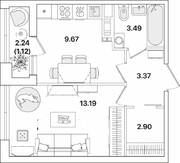 ЖК «Академик», планировка 1-комнатной квартиры, 33.74 м²