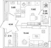 ЖК «Академик», планировка 1-комнатной квартиры, 38.92 м²