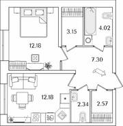 ЖК «БелАрт», планировка 1-комнатной квартиры, 43.74 м²