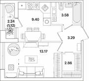ЖК «Академик», планировка 1-комнатной квартиры, 33.42 м²