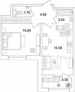 ЖК «БелАрт», планировка 1-комнатной квартиры, 43.68 м²