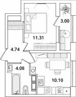 ЖК «БелАрт», планировка 1-комнатной квартиры, 31.73 м²