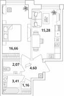 ЖК «Cube», планировка 1-комнатной квартиры, 43.18 м²