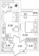 ЖК «БелАрт», планировка 1-комнатной квартиры, 36.27 м²