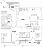 ЖК «Академик», планировка 2-комнатной квартиры, 51.97 м²