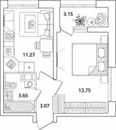 ЖК «БелАрт», планировка 1-комнатной квартиры, 33.32 м²