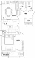 ЖК «Академик», планировка 2-комнатной квартиры, 55.19 м²