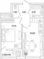 ЖК «Академик», планировка 1-комнатной квартиры, 40.04 м²