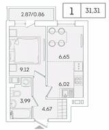 ЖК «Lampo», планировка 1-комнатной квартиры, 31.31 м²