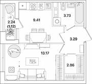 ЖК «Академик», планировка 1-комнатной квартиры, 33.58 м²