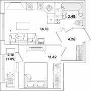 ЖК «Академик», планировка 1-комнатной квартиры, 34.38 м²