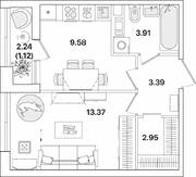 ЖК «Академик», планировка 1-комнатной квартиры, 34.32 м²