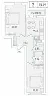 ЖК «Lampo», планировка 2-комнатной квартиры, 51.59 м²