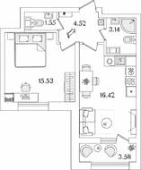 ЖК «БелАрт», планировка 1-комнатной квартиры, 42.95 м²