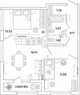 ЖК «Академик», планировка 2-комнатной квартиры, 61.06 м²