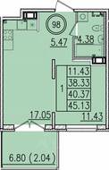 МЖК «Образцовый квартал 13», планировка 1-комнатной квартиры, 38.33 м²