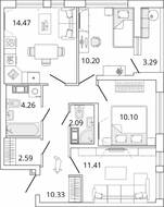 ЖК «Master Place», планировка 3-комнатной квартиры, 67.10 м²