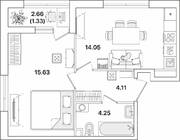 ЖК «Академик», планировка 1-комнатной квартиры, 39.37 м²