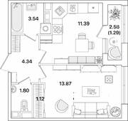 ЖК «Академик», планировка 1-комнатной квартиры, 37.35 м²