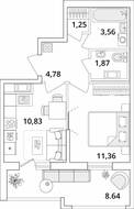 ЖК «Cube», планировка 1-комнатной квартиры, 37.97 м²