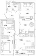ЖК «Академик», планировка 3-комнатной квартиры, 76.25 м²