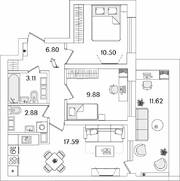 ЖК «БелАрт», планировка 2-комнатной квартиры, 54.25 м²