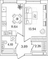 ЖК «БелАрт», планировка 1-комнатной квартиры, 35.83 м²