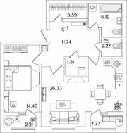 ЖК «БелАрт», планировка 1-комнатной квартиры, 68.63 м²